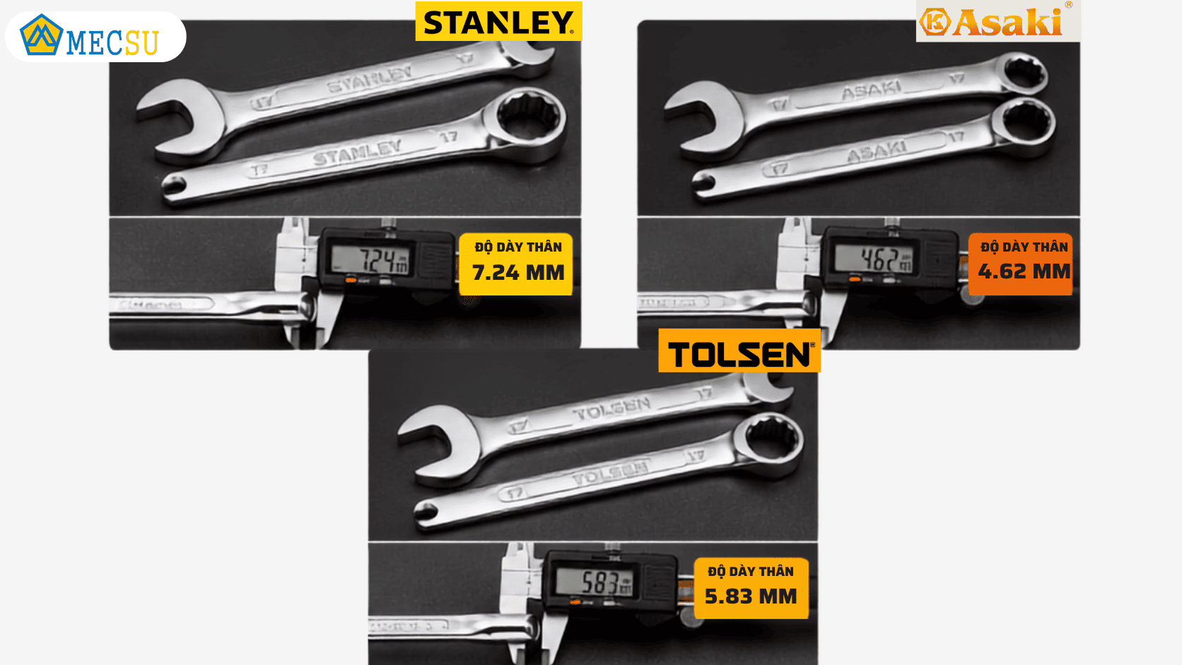 So sánh chi tiết độ dày thân giữa Stanley, Tolsen và Asaki